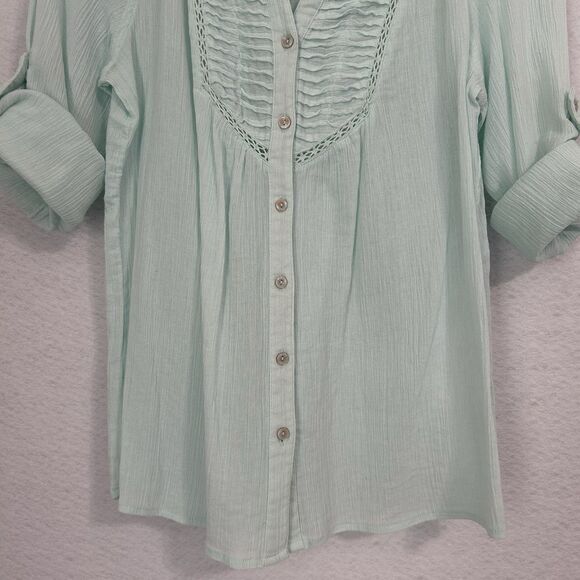 Vintage America Blouse Women S Mint Green Crinkle Pleat Lace Roll Tab Button Up - Picture 7 of 12